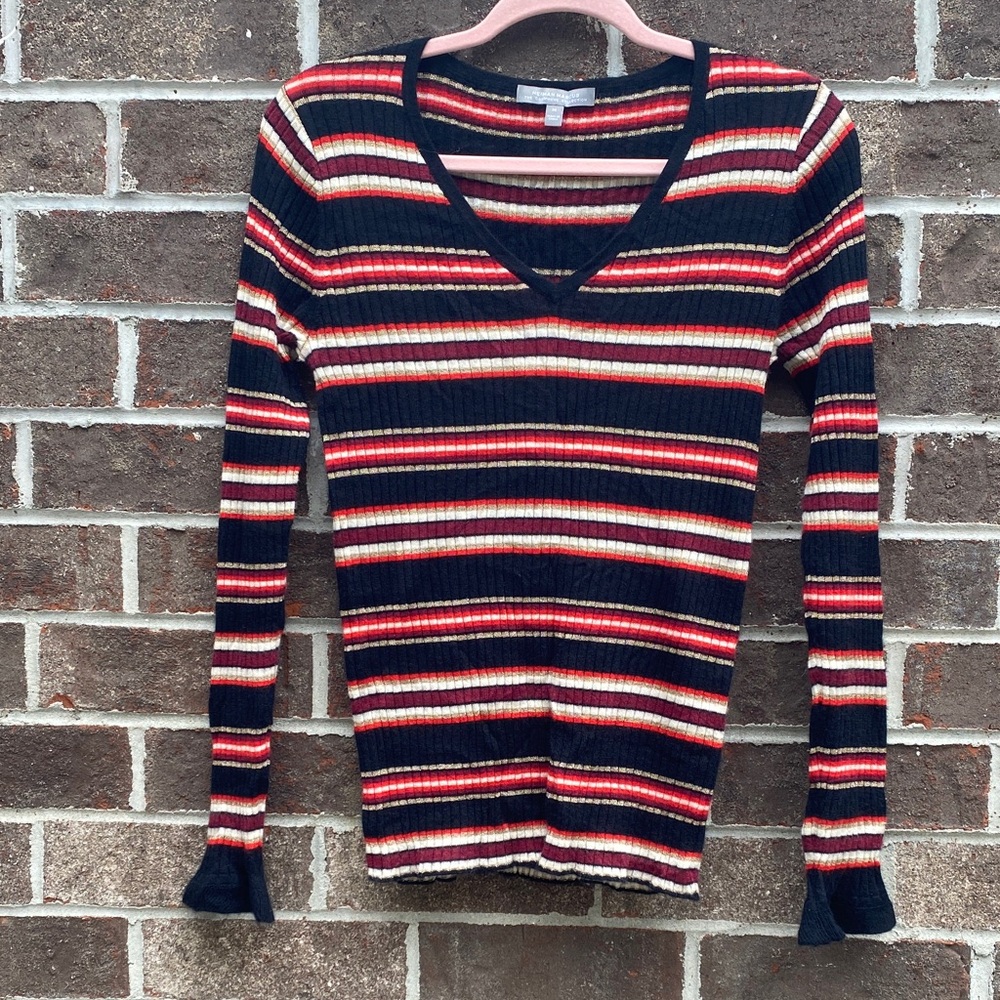 Y2K Striped Cashmere Blend Sweater | Metallic Ribbed Knit V-Neck | Fall Retro